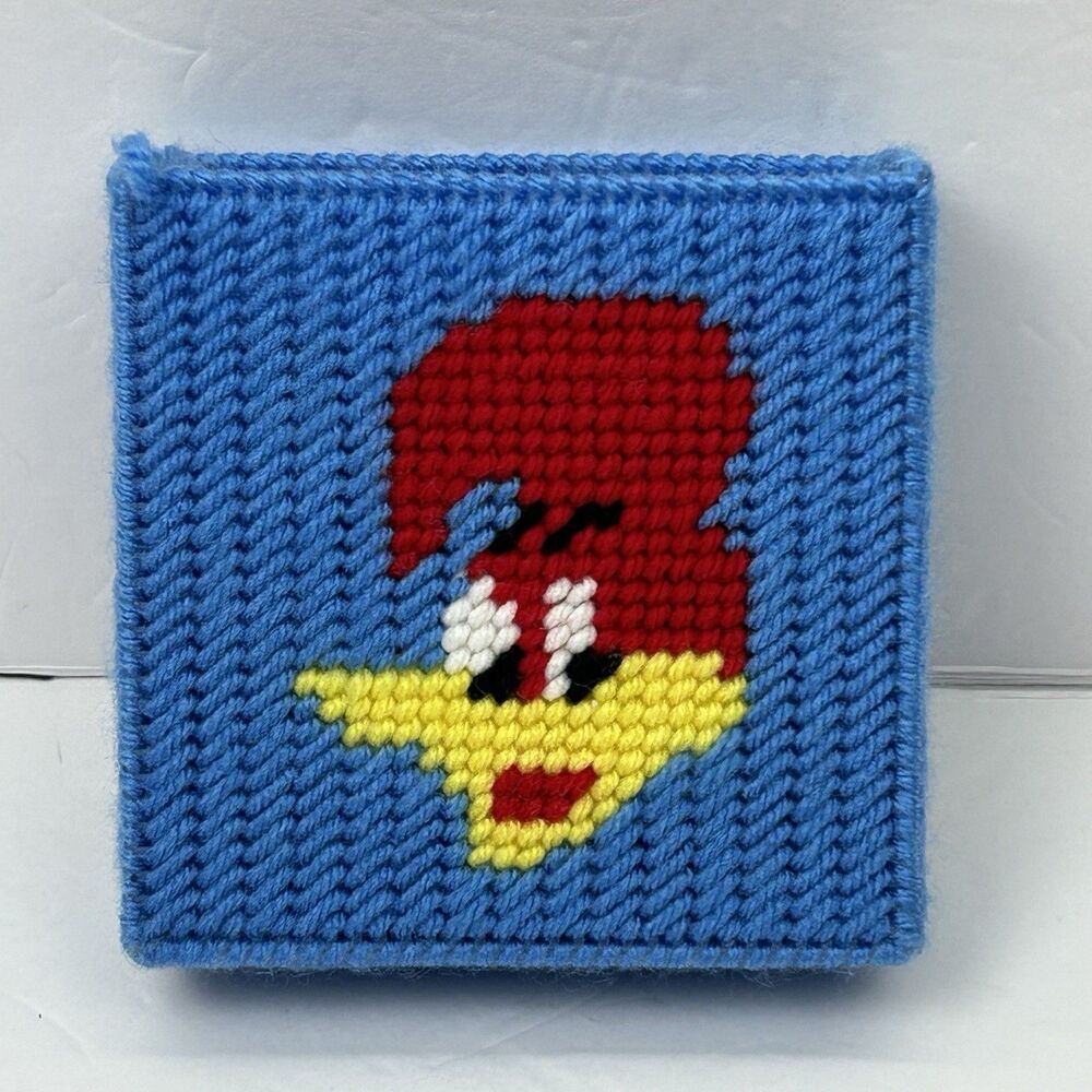 Handmade Woody Woodpecker Set of 4 Crochet Coasters & Holder Retro Blue
